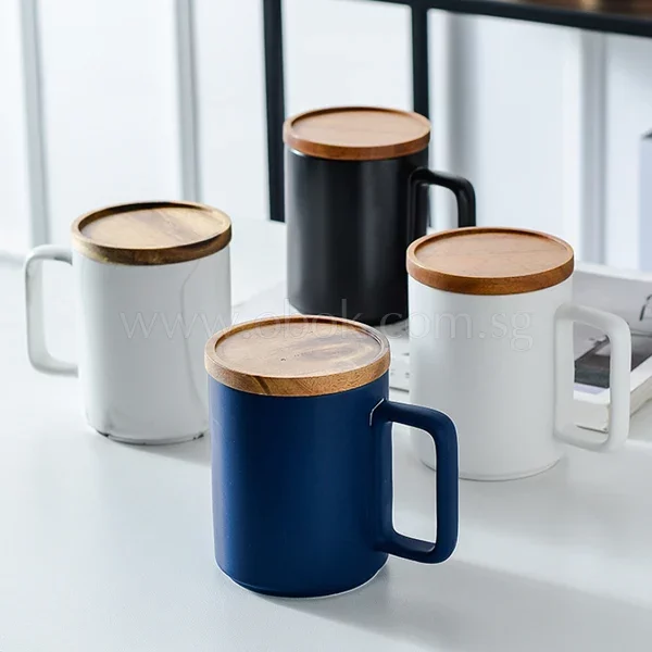 IBIZIA Solid Ceramic Mug with Acacia Wood Lid Set of 4